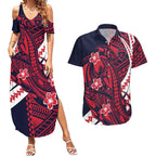 Personalized Melbourne Demons Couples Matching Summer Maxi Dress and Hawaiian Shirt Polynesian Tribal Demon Mascot With Hibiscus Floral Art