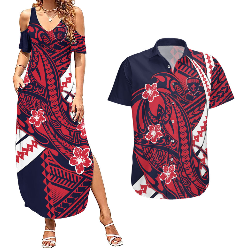 Personalized Melbourne Demons Couples Matching Summer Maxi Dress and Hawaiian Shirt Polynesian Tribal Demon Mascot With Hibiscus Floral Art