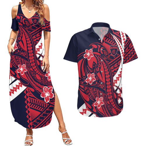 Personalized Melbourne Demons Couples Matching Summer Maxi Dress and Hawaiian Shirt Polynesian Tribal Demon Mascot With Hibiscus Floral Art