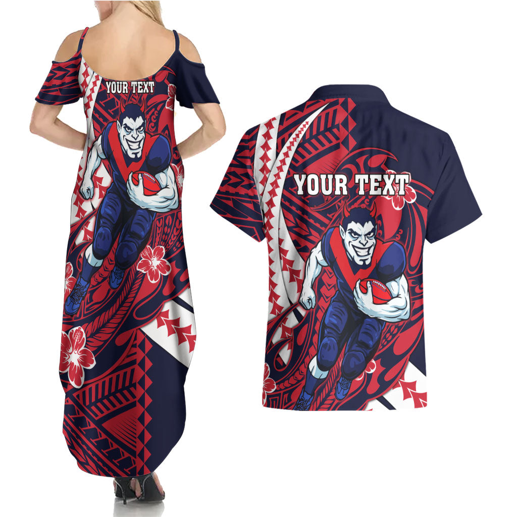 Personalized Melbourne Demons Couples Matching Summer Maxi Dress and Hawaiian Shirt Polynesian Tribal Demon Mascot With Hibiscus Floral Art