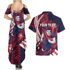 Personalized Melbourne Demons Couples Matching Summer Maxi Dress and Hawaiian Shirt Polynesian Tribal Demon Mascot With Hibiscus Floral Art