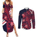 Personalized Melbourne Demons Couples Matching Summer Maxi Dress and Long Sleeve Button Shirt Polynesian Tribal Demon Mascot With Hibiscus Floral Art