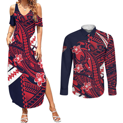 Personalized Melbourne Demons Couples Matching Summer Maxi Dress and Long Sleeve Button Shirt Polynesian Tribal Demon Mascot With Hibiscus Floral Art