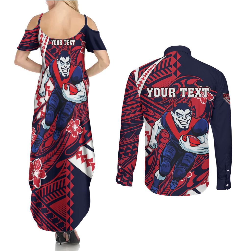 Personalized Melbourne Demons Couples Matching Summer Maxi Dress and Long Sleeve Button Shirt Polynesian Tribal Demon Mascot With Hibiscus Floral Art