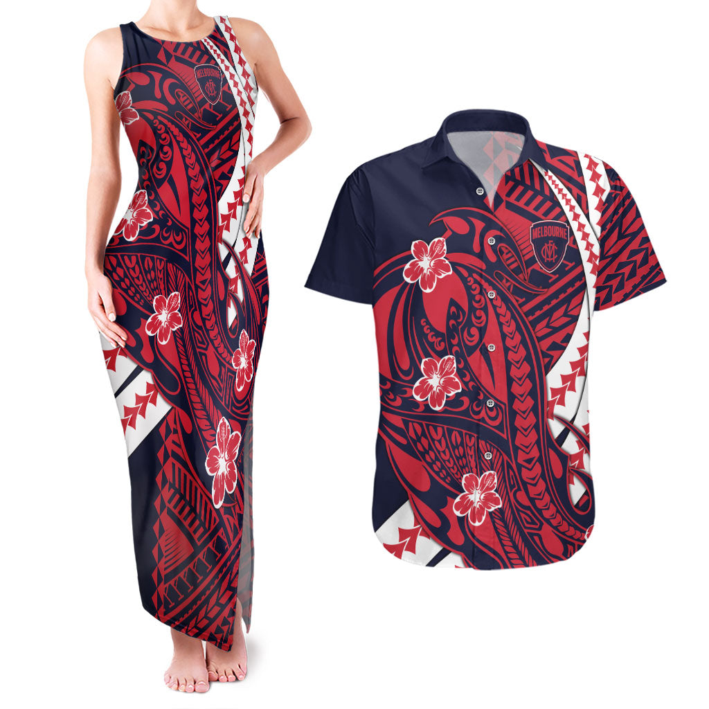 Personalized Melbourne Demons Couples Matching Tank Maxi Dress and Hawaiian Shirt Polynesian Tribal Demon Mascot With Hibiscus Floral Art