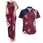 Personalized Melbourne Demons Couples Matching Tank Maxi Dress and Hawaiian Shirt Polynesian Tribal Demon Mascot With Hibiscus Floral Art