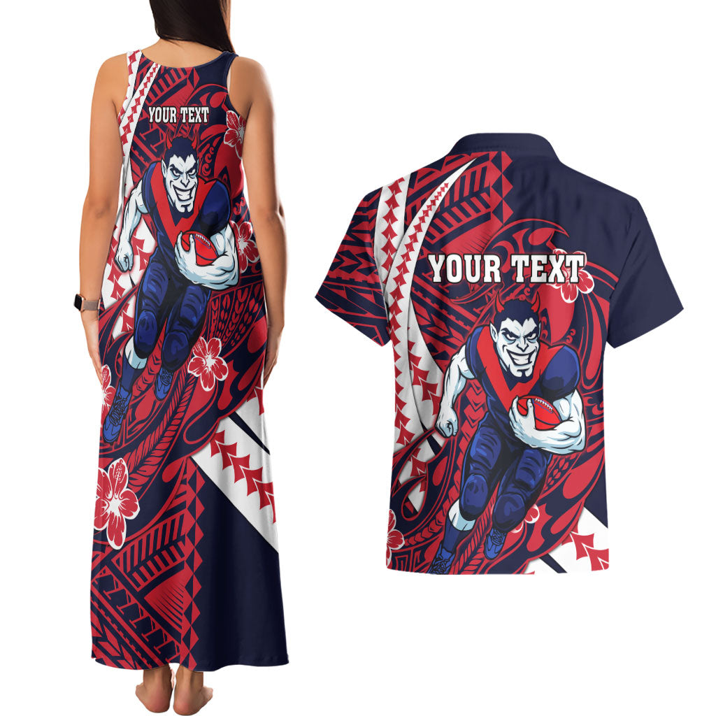 Personalized Melbourne Demons Couples Matching Tank Maxi Dress and Hawaiian Shirt Polynesian Tribal Demon Mascot With Hibiscus Floral Art