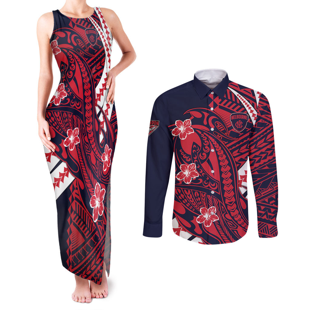 Personalized Melbourne Demons Couples Matching Tank Maxi Dress and Long Sleeve Button Shirt Polynesian Tribal Demon Mascot With Hibiscus Floral Art