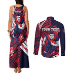 Personalized Melbourne Demons Couples Matching Tank Maxi Dress and Long Sleeve Button Shirt Polynesian Tribal Demon Mascot With Hibiscus Floral Art