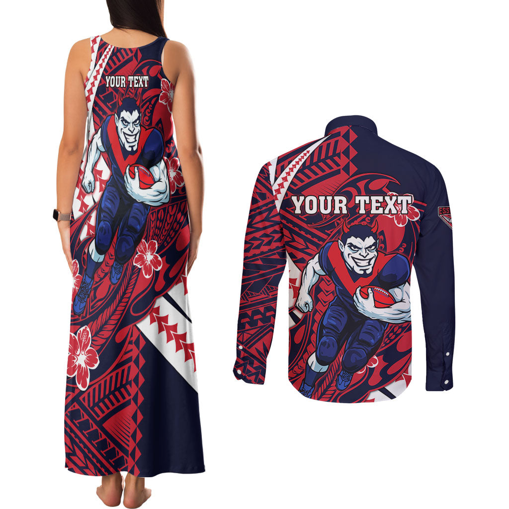 Personalized Melbourne Demons Couples Matching Tank Maxi Dress and Long Sleeve Button Shirt Polynesian Tribal Demon Mascot With Hibiscus Floral Art