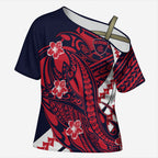 Personalized Melbourne Demons Cross Shoulder Shirt Polynesian Tribal Demon Mascot With Hibiscus Floral Art