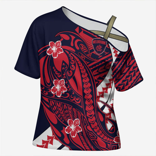 Personalized Melbourne Demons Cross Shoulder Shirt Polynesian Tribal Demon Mascot With Hibiscus Floral Art