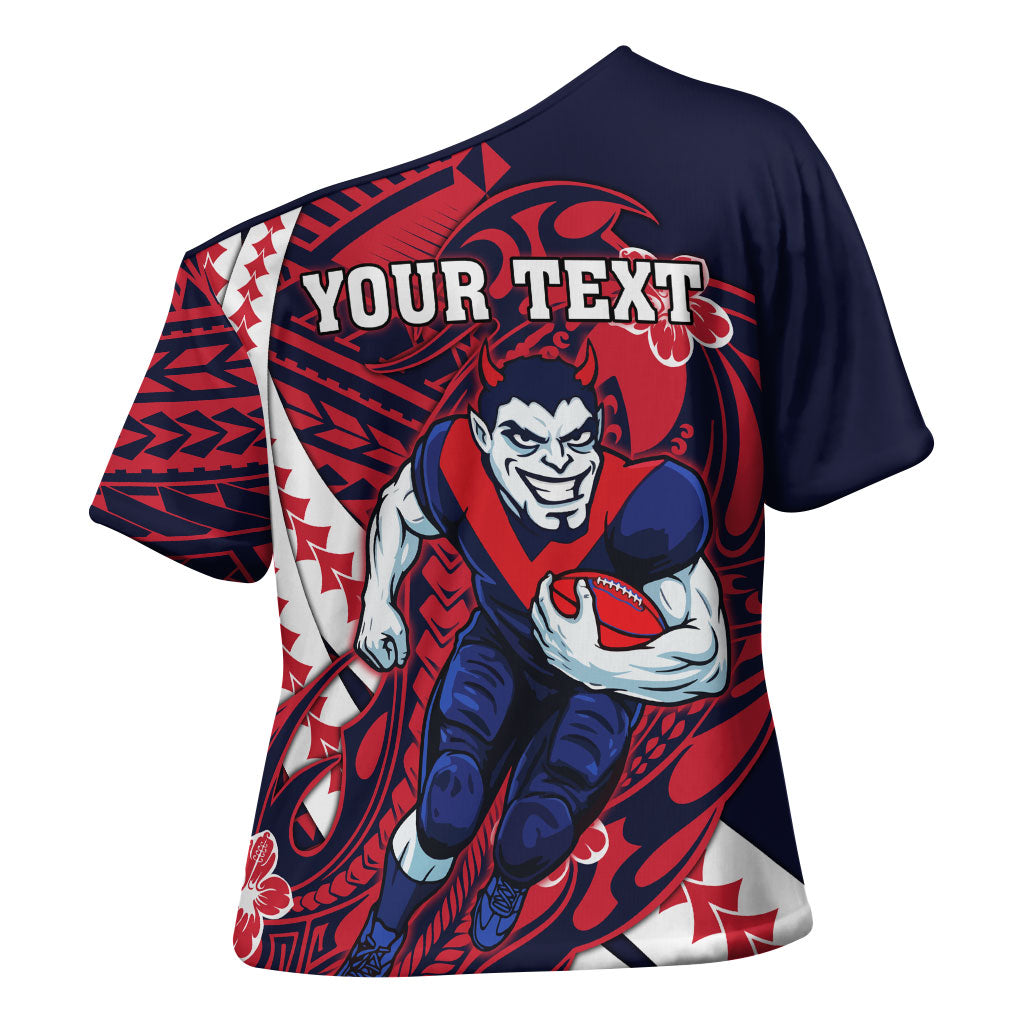 Personalized Melbourne Demons Cross Shoulder Shirt Polynesian Tribal Demon Mascot With Hibiscus Floral Art