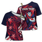 Personalized Melbourne Demons Cross Shoulder Shirt Polynesian Tribal Demon Mascot With Hibiscus Floral Art