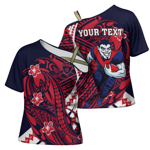 Personalized Melbourne Demons Cross Shoulder Shirt Polynesian Tribal Demon Mascot With Hibiscus Floral Art