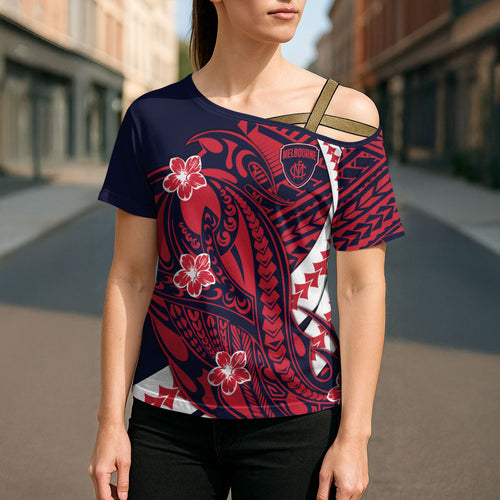 Personalized Melbourne Demons Cross Shoulder Shirt Polynesian Tribal Demon Mascot With Hibiscus Floral Art