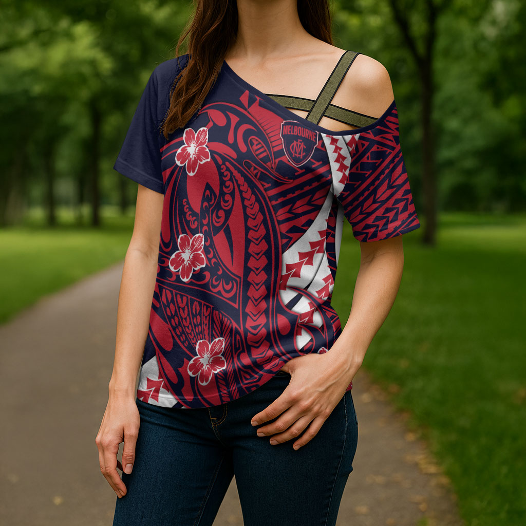 Personalized Melbourne Demons Cross Shoulder Shirt Polynesian Tribal Demon Mascot With Hibiscus Floral Art