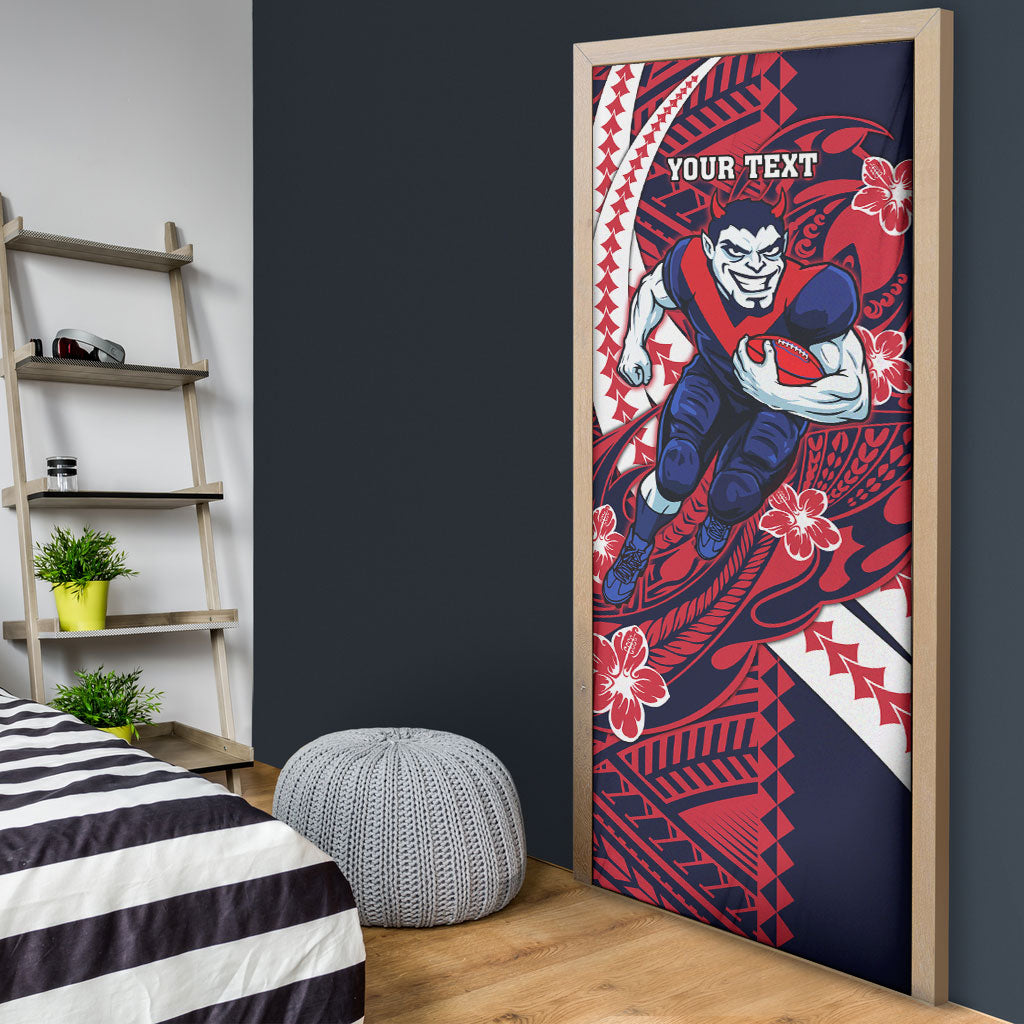 Personalized Melbourne Demons Door Cover Polynesian Tribal Demon Mascot With Hibiscus Floral Art