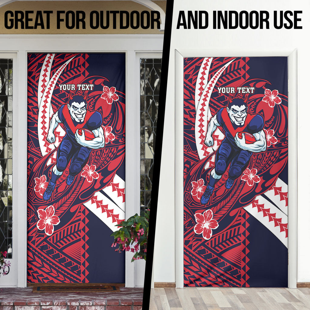 Personalized Melbourne Demons Door Cover Polynesian Tribal Demon Mascot With Hibiscus Floral Art