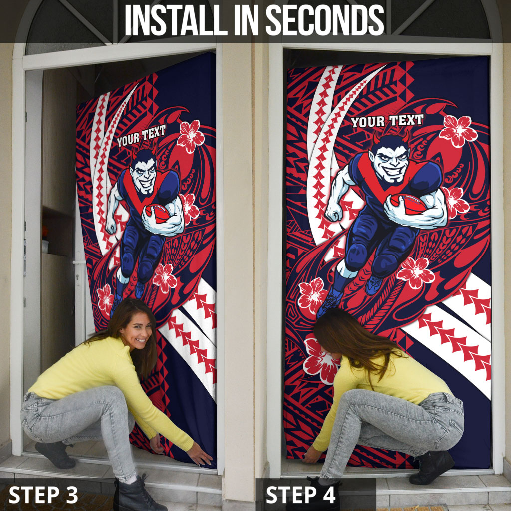 Personalized Melbourne Demons Door Cover Polynesian Tribal Demon Mascot With Hibiscus Floral Art