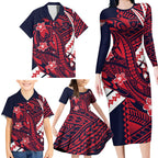 Personalized Melbourne Demons Family Matching Long Sleeve Bodycon Dress and Hawaiian Shirt Polynesian Tribal Demon Mascot With Hibiscus Floral Art