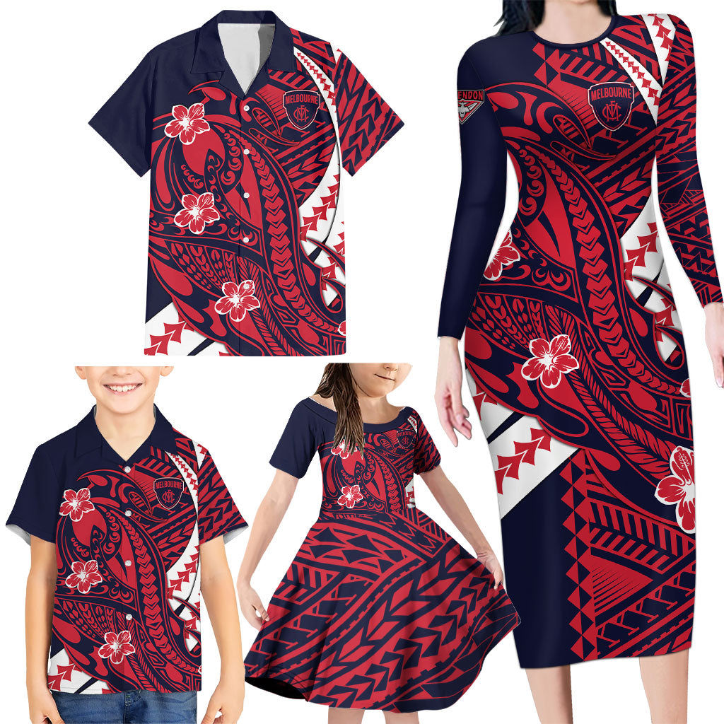 Personalized Melbourne Demons Family Matching Long Sleeve Bodycon Dress and Hawaiian Shirt Polynesian Tribal Demon Mascot With Hibiscus Floral Art