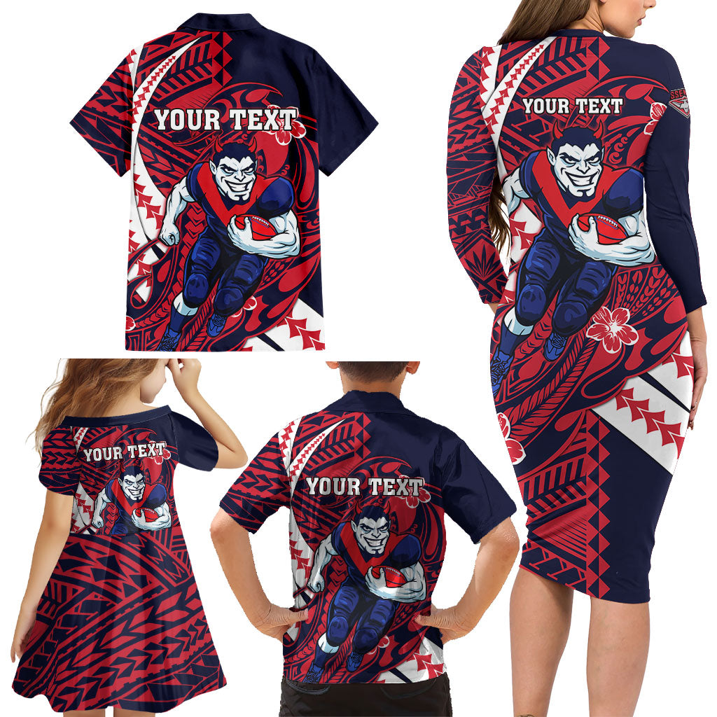 Personalized Melbourne Demons Family Matching Long Sleeve Bodycon Dress and Hawaiian Shirt Polynesian Tribal Demon Mascot With Hibiscus Floral Art