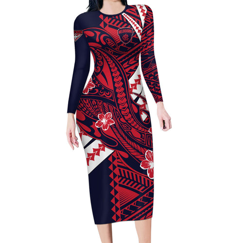 Personalized Melbourne Demons Family Matching Long Sleeve Bodycon Dress and Hawaiian Shirt Polynesian Tribal Demon Mascot With Hibiscus Floral Art