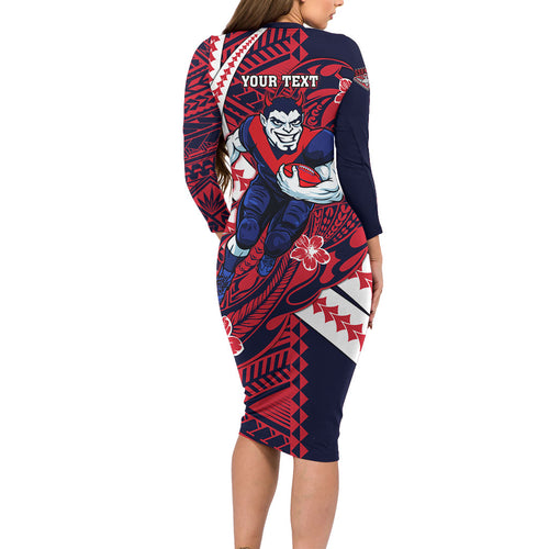 Personalized Melbourne Demons Family Matching Long Sleeve Bodycon Dress and Hawaiian Shirt Polynesian Tribal Demon Mascot With Hibiscus Floral Art