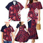 Personalized Melbourne Demons Family Matching Mermaid Dress and Hawaiian Shirt Polynesian Tribal Demon Mascot With Hibiscus Floral Art