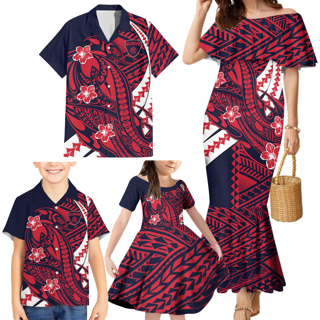 Personalized Melbourne Demons Family Matching Mermaid Dress and Hawaiian Shirt Polynesian Tribal Demon Mascot With Hibiscus Floral Art
