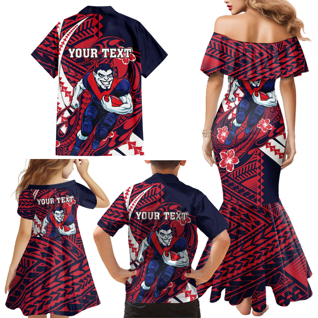 Personalized Melbourne Demons Family Matching Mermaid Dress and Hawaiian Shirt Polynesian Tribal Demon Mascot With Hibiscus Floral Art
