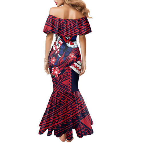 Personalized Melbourne Demons Family Matching Mermaid Dress and Hawaiian Shirt Polynesian Tribal Demon Mascot With Hibiscus Floral Art