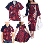 Personalized Melbourne Demons Family Matching Off The Shoulder Long Sleeve Dress and Hawaiian Shirt Polynesian Tribal Demon Mascot With Hibiscus Floral Art