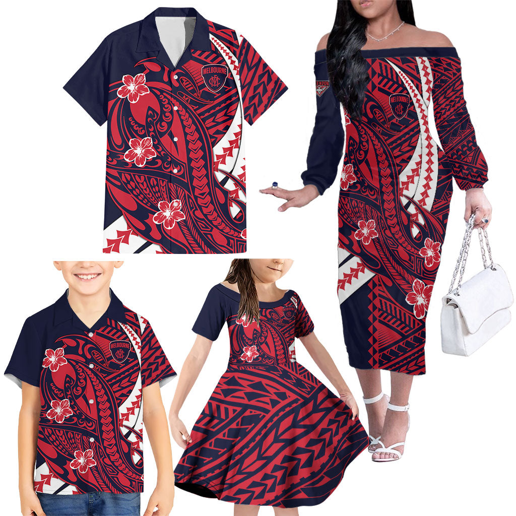 Personalized Melbourne Demons Family Matching Off The Shoulder Long Sleeve Dress and Hawaiian Shirt Polynesian Tribal Demon Mascot With Hibiscus Floral Art