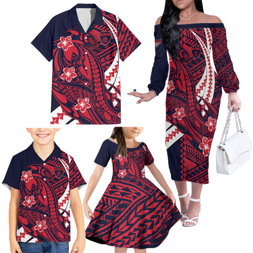 Personalized Melbourne Demons Family Matching Off The Shoulder Long Sleeve Dress and Hawaiian Shirt Polynesian Tribal Demon Mascot With Hibiscus Floral Art