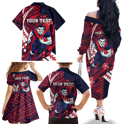 Personalized Melbourne Demons Family Matching Off The Shoulder Long Sleeve Dress and Hawaiian Shirt Polynesian Tribal Demon Mascot With Hibiscus Floral Art