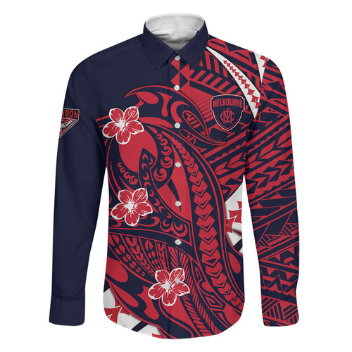 Personalized Melbourne Demons Family Matching Off The Shoulder Long Sleeve Dress and Hawaiian Shirt Polynesian Tribal Demon Mascot With Hibiscus Floral Art