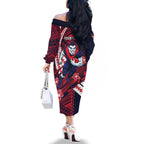 Personalized Melbourne Demons Family Matching Off The Shoulder Long Sleeve Dress and Hawaiian Shirt Polynesian Tribal Demon Mascot With Hibiscus Floral Art