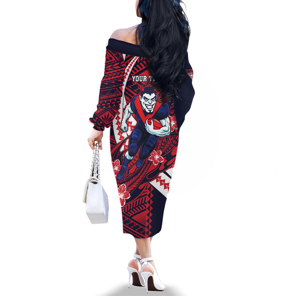Personalized Melbourne Demons Family Matching Off The Shoulder Long Sleeve Dress and Hawaiian Shirt Polynesian Tribal Demon Mascot With Hibiscus Floral Art