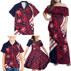Personalized Melbourne Demons Family Matching Off Shoulder Maxi Dress and Hawaiian Shirt Polynesian Tribal Demon Mascot With Hibiscus Floral Art