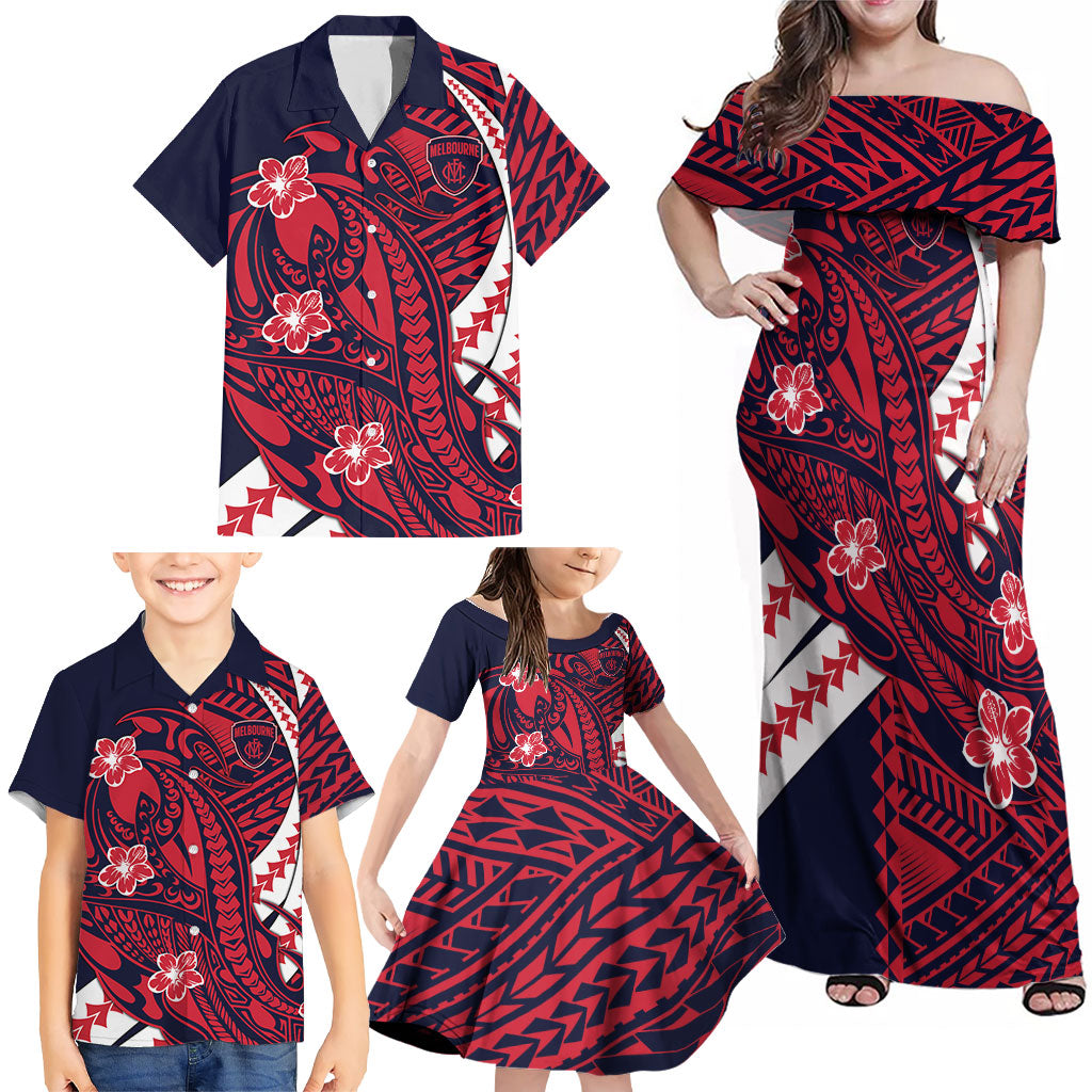 Personalized Melbourne Demons Family Matching Off Shoulder Maxi Dress and Hawaiian Shirt Polynesian Tribal Demon Mascot With Hibiscus Floral Art
