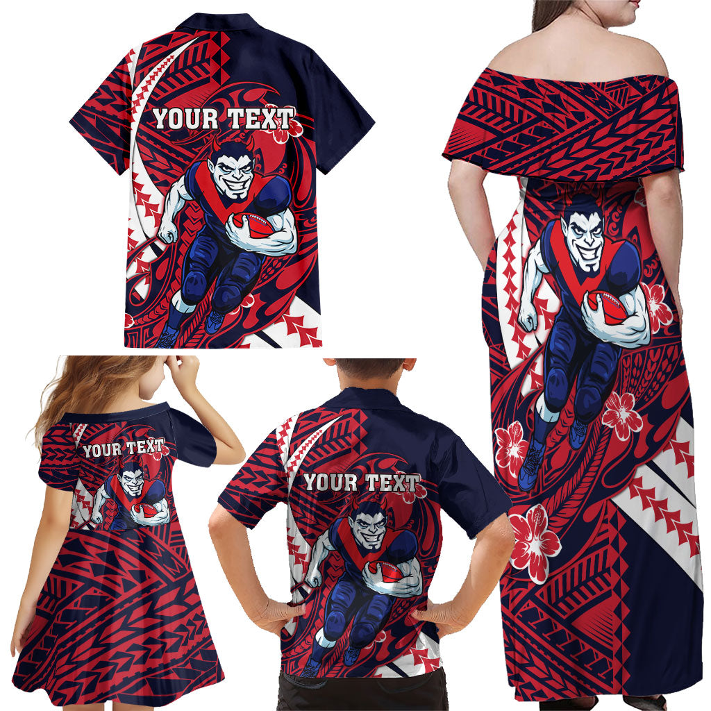 Personalized Melbourne Demons Family Matching Off Shoulder Maxi Dress and Hawaiian Shirt Polynesian Tribal Demon Mascot With Hibiscus Floral Art