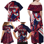 Personalized Melbourne Demons Family Matching Off Shoulder Maxi Dress and Hawaiian Shirt Polynesian Tribal Demon Mascot With Hibiscus Floral Art