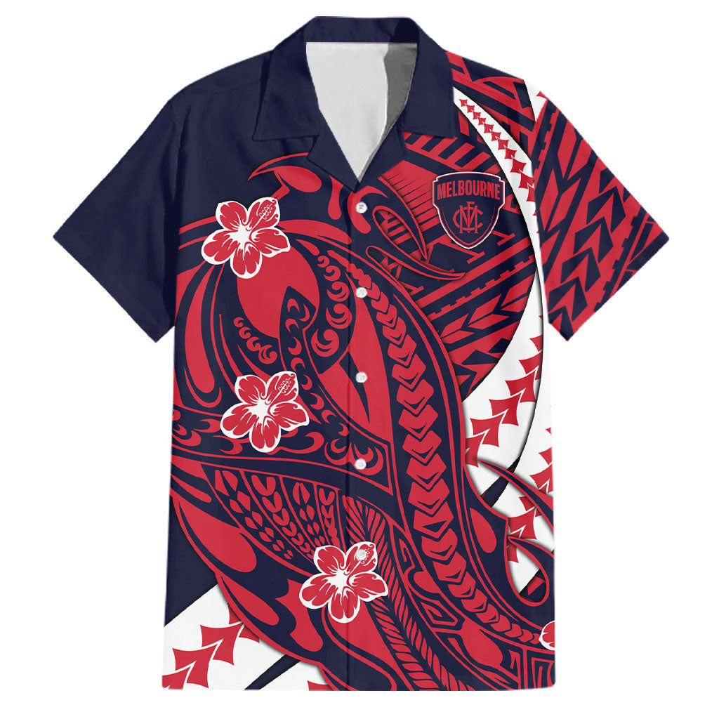 Personalized Melbourne Demons Family Matching Off Shoulder Maxi Dress and Hawaiian Shirt Polynesian Tribal Demon Mascot With Hibiscus Floral Art