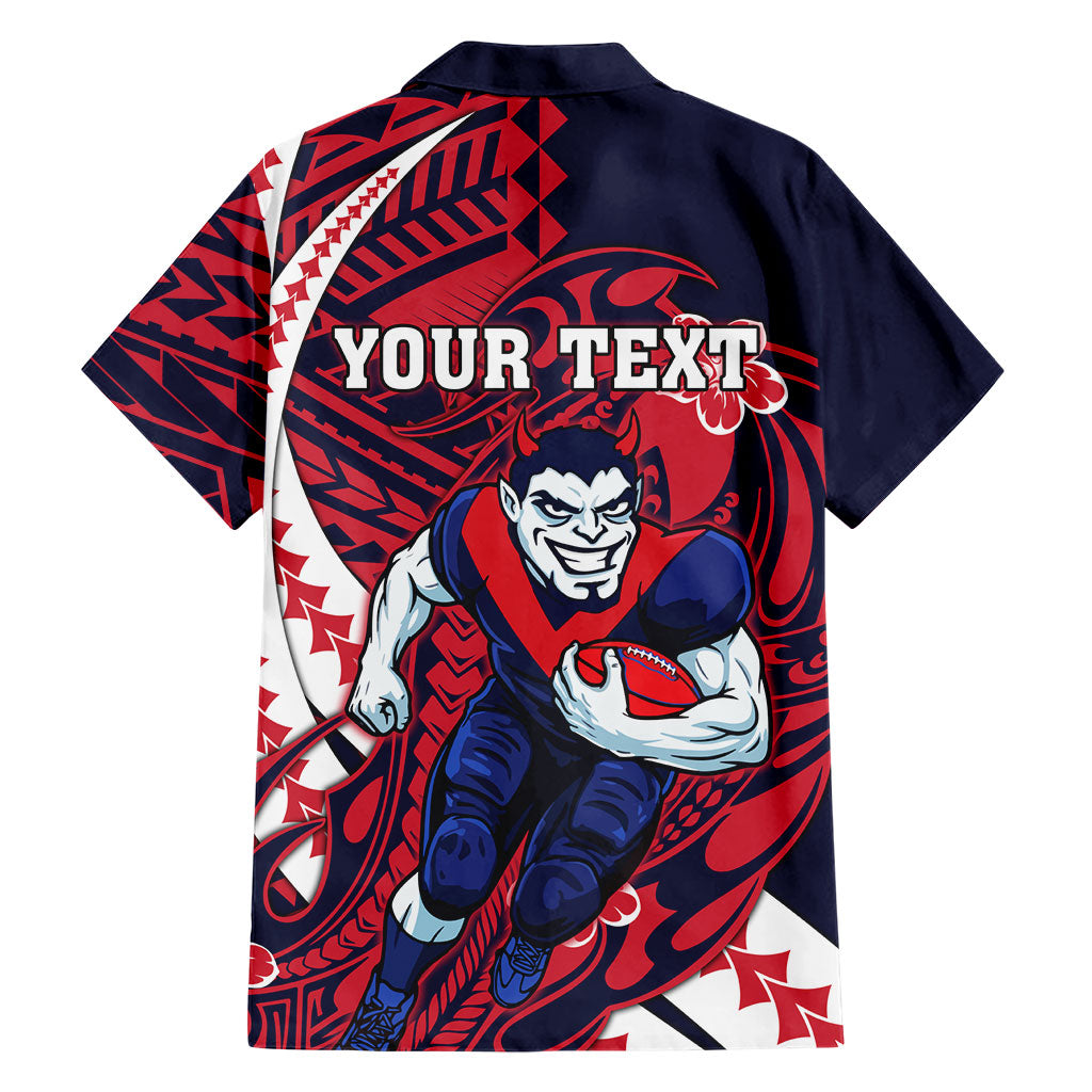Personalized Melbourne Demons Family Matching Off Shoulder Maxi Dress and Hawaiian Shirt Polynesian Tribal Demon Mascot With Hibiscus Floral Art