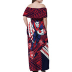 Personalized Melbourne Demons Family Matching Off Shoulder Maxi Dress and Hawaiian Shirt Polynesian Tribal Demon Mascot With Hibiscus Floral Art