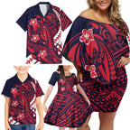 Personalized Melbourne Demons Family Matching Off Shoulder Short Dress and Hawaiian Shirt Polynesian Tribal Demon Mascot With Hibiscus Floral Art