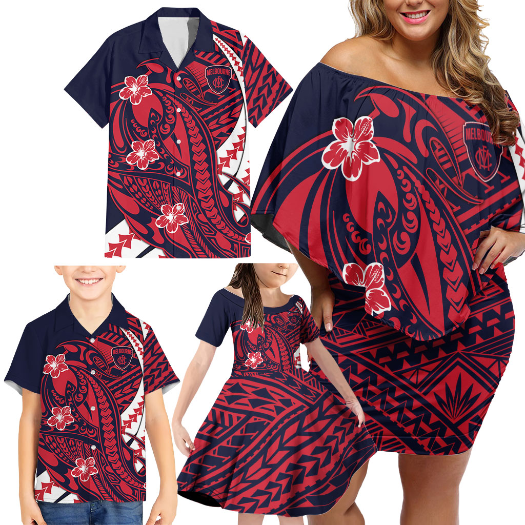 Personalized Melbourne Demons Family Matching Off Shoulder Short Dress and Hawaiian Shirt Polynesian Tribal Demon Mascot With Hibiscus Floral Art