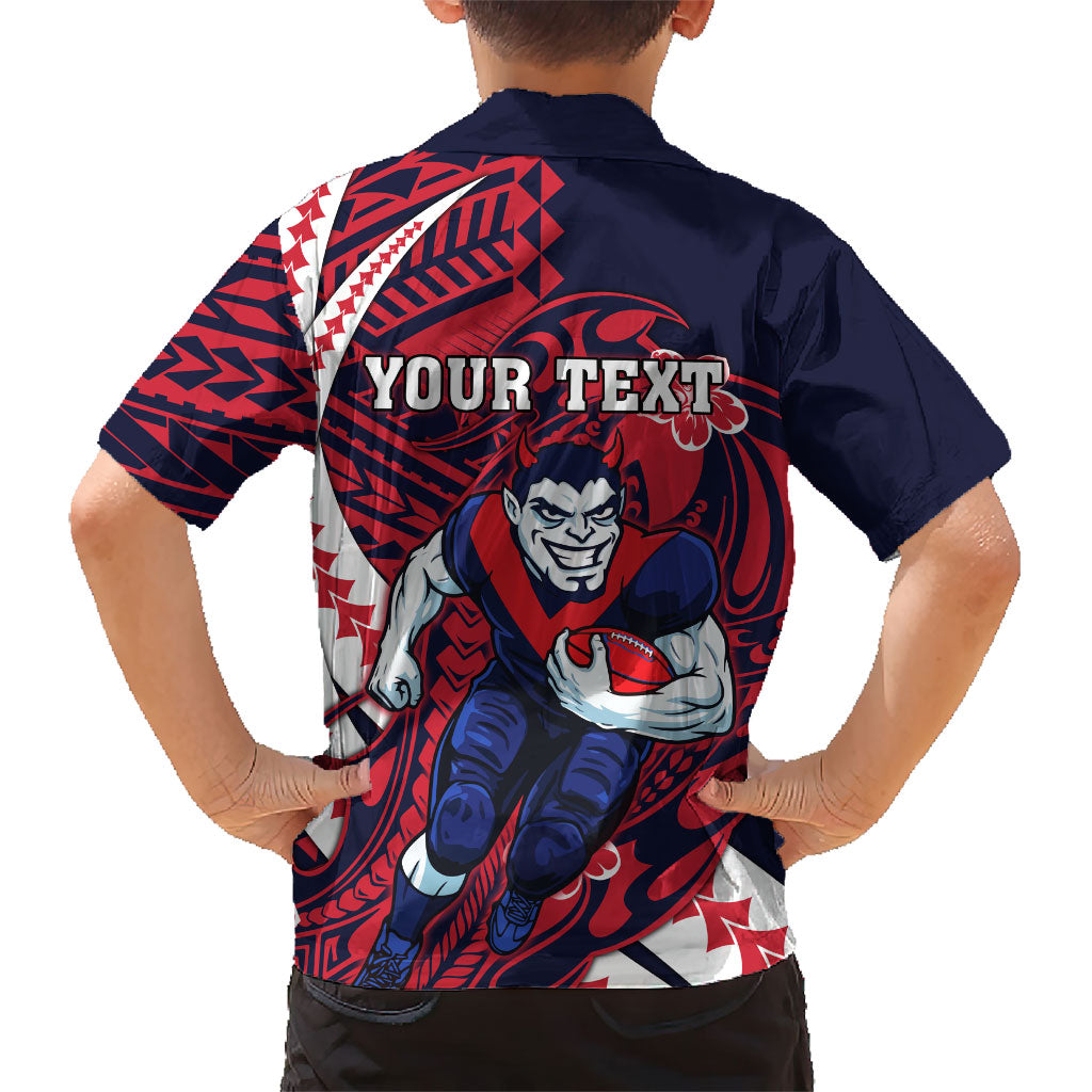 Personalized Melbourne Demons Family Matching Off Shoulder Short Dress and Hawaiian Shirt Polynesian Tribal Demon Mascot With Hibiscus Floral Art